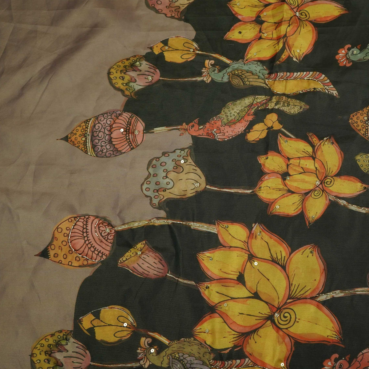 Black Floral Cutdana Embroidery Tissue Fabric VVF-35362