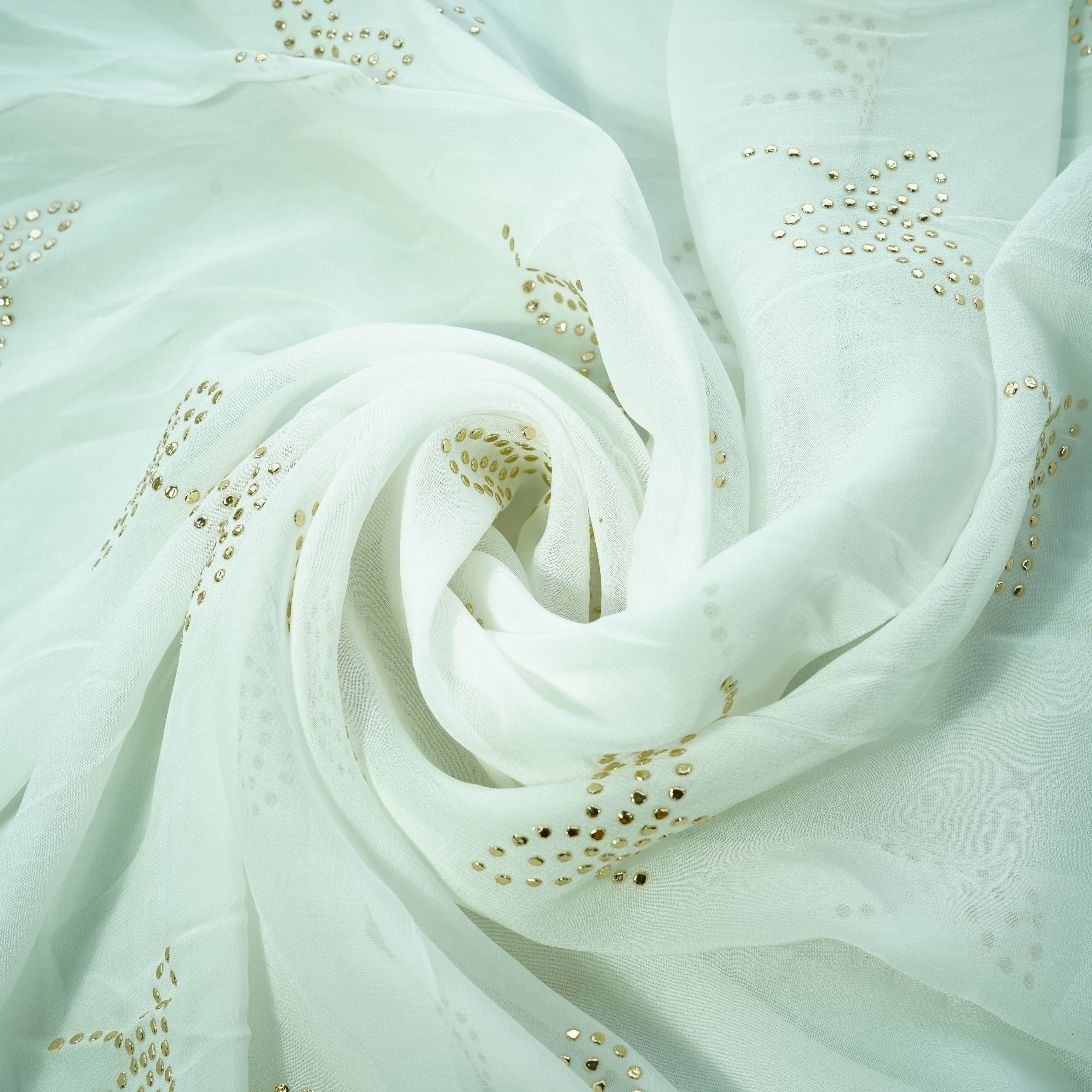 White Tropical Mukaish Work Georgette Dyeable Fabric