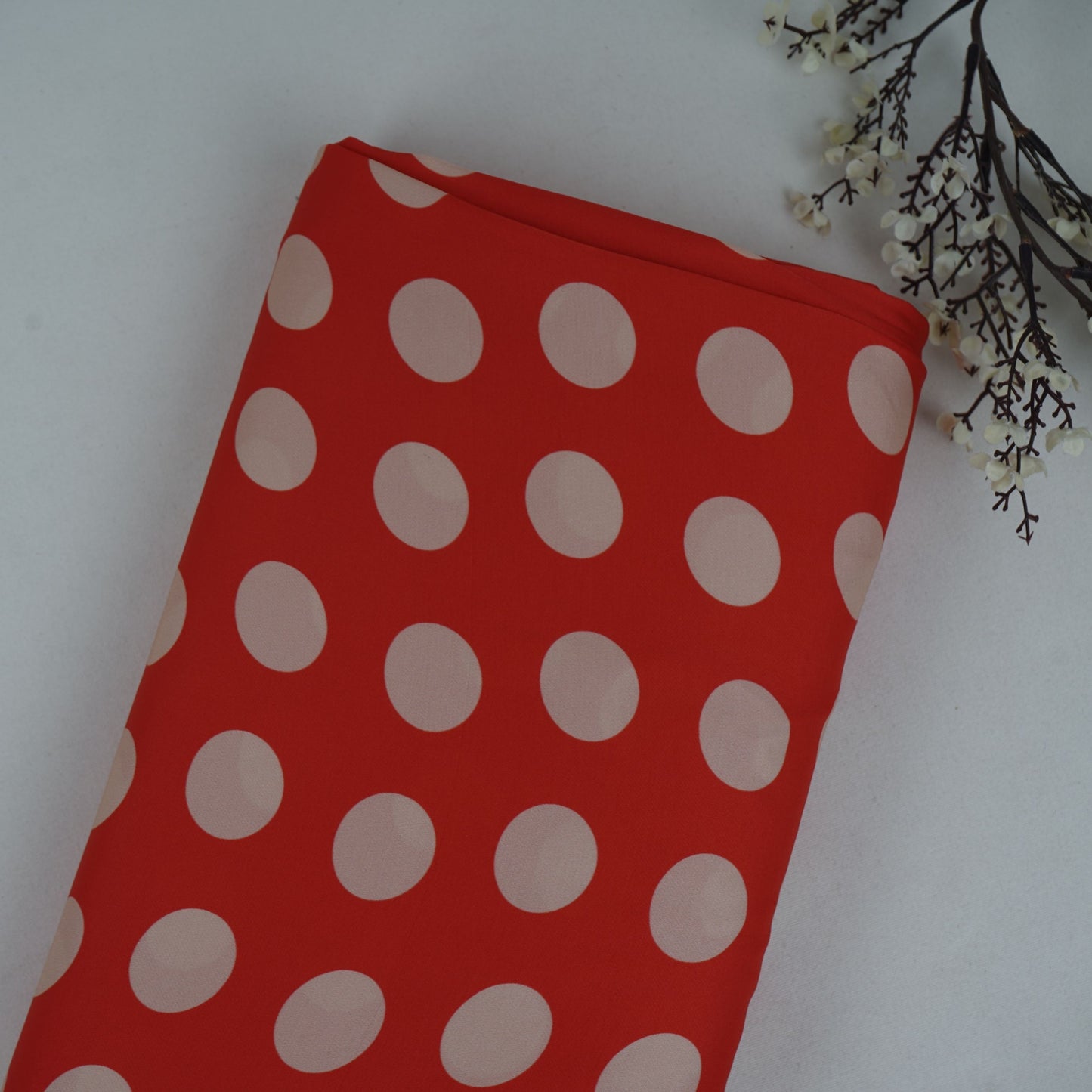 Red & Beige Polka Dot Twill Satin Fabric VP-32433