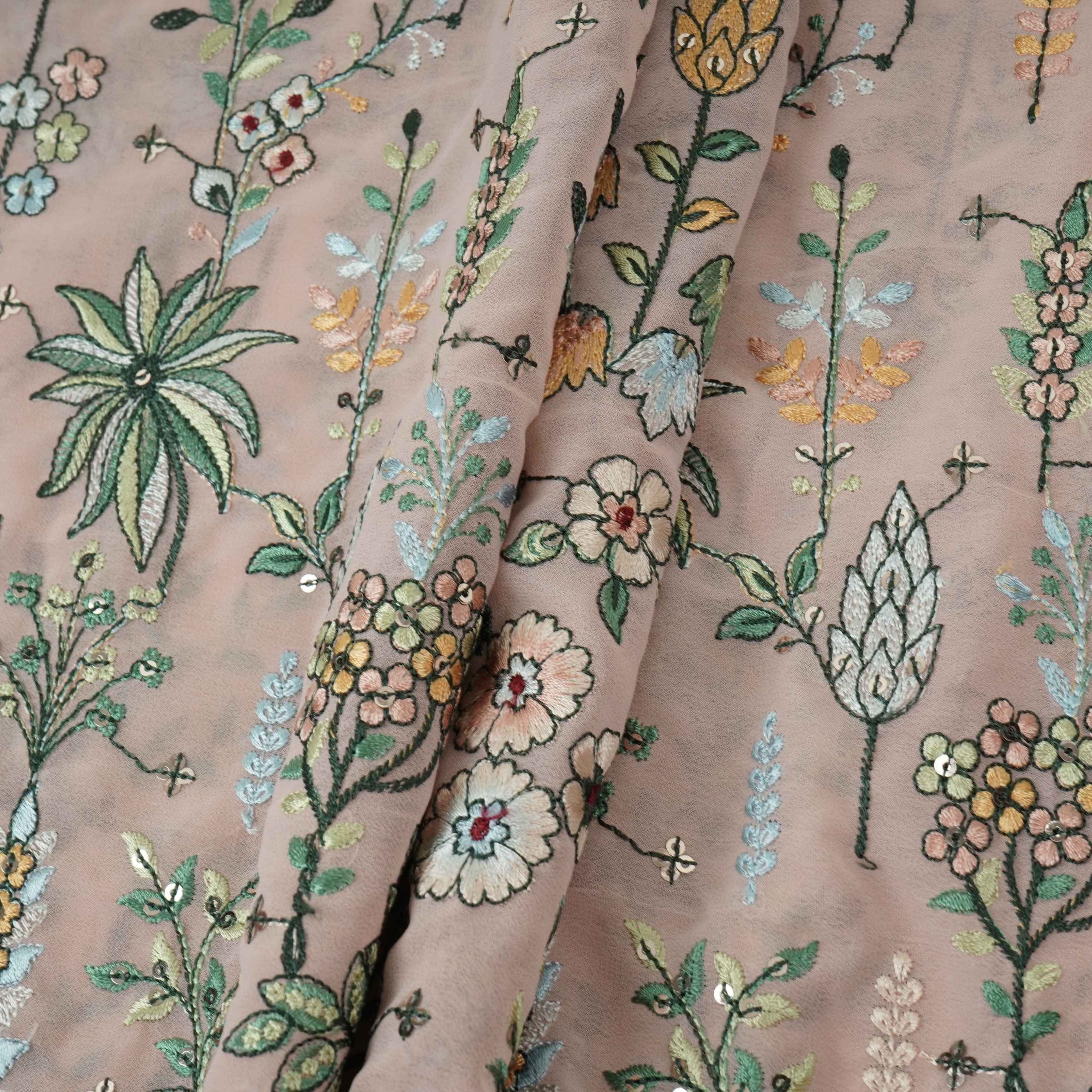 Peach Thread Embroidery Georgette Fabric DR-32382 - TradeUNO