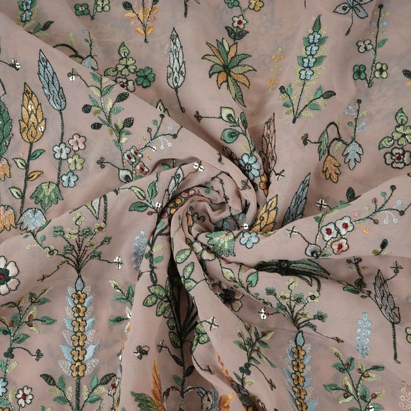 Peach Thread Embroidery Georgette Fabric DR-32382