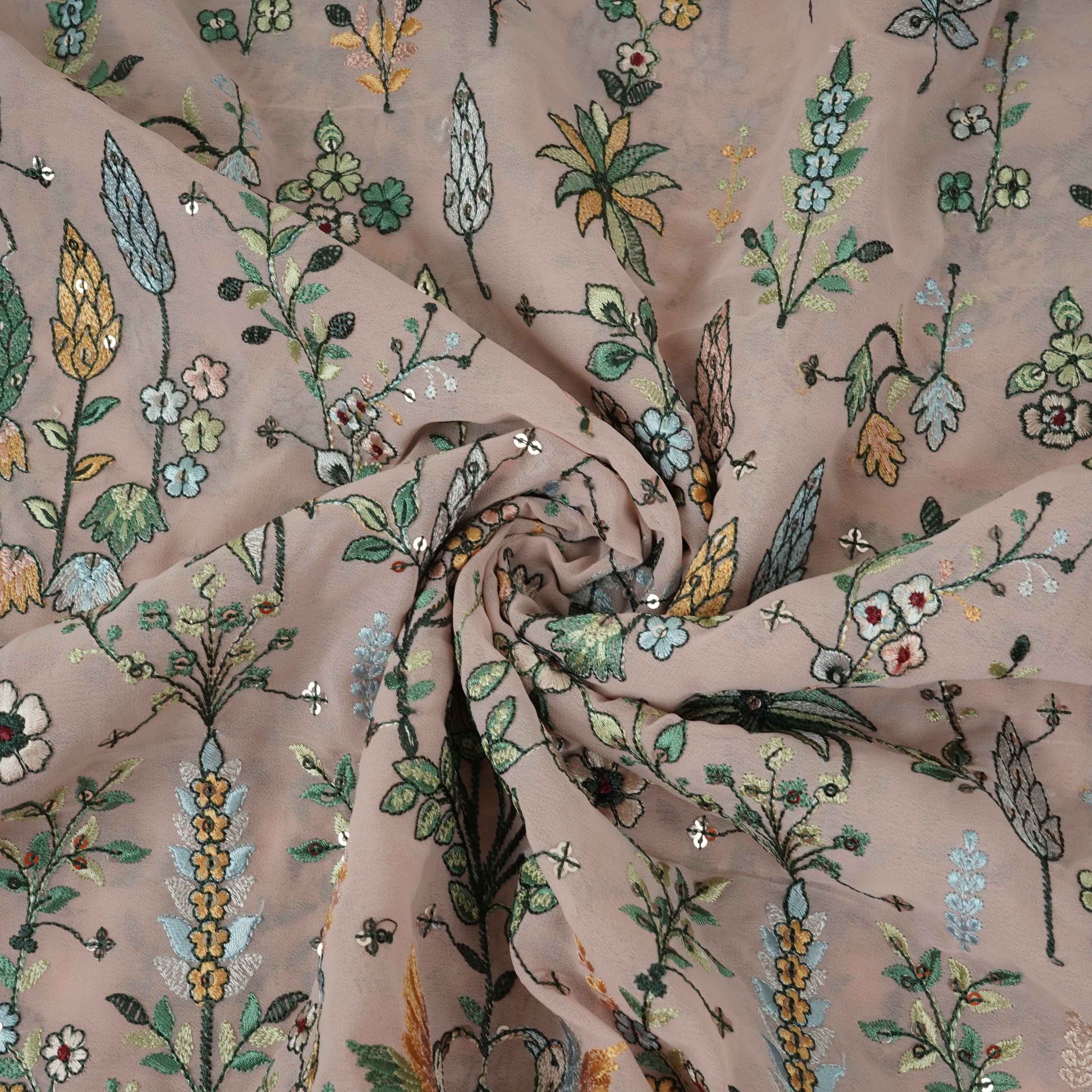 Peach Thread Embroidery Georgette Fabric DR-32382 - TradeUNO