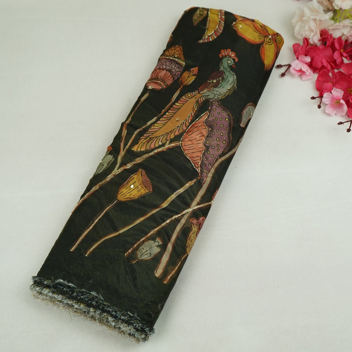 Black Floral Cutdana Embroidery Tissue Fabric VVF-35362