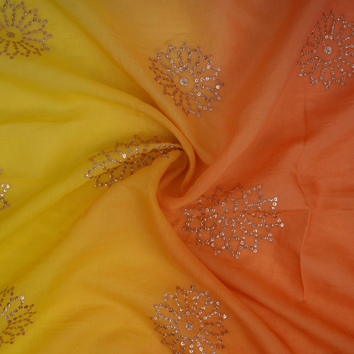 Yellow With Orange 4D Floral Sequins Embroidery Malai Chanderi Fabric VF-32312