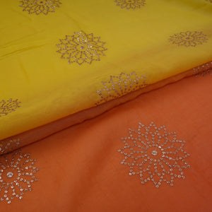 Yellow With Orange 4D Floral Sequins Embroidery Malai Chanderi Fabric VF-32312 - TradeUNO
