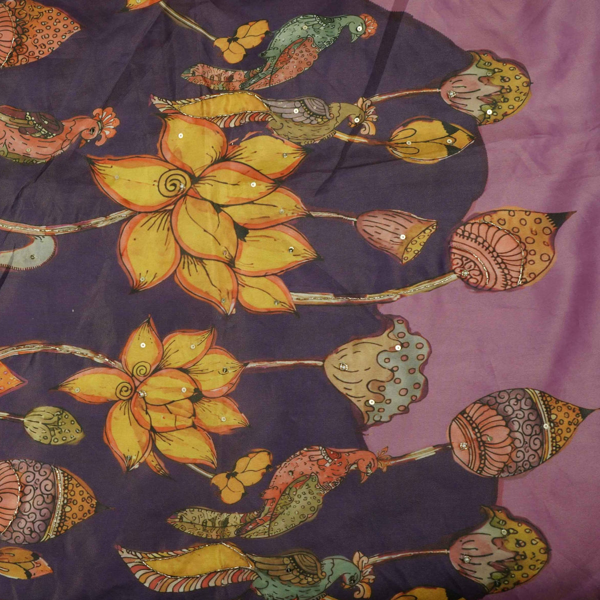 Purple Floral Cutdana Embroidery Tissue Fabric VVF-35365