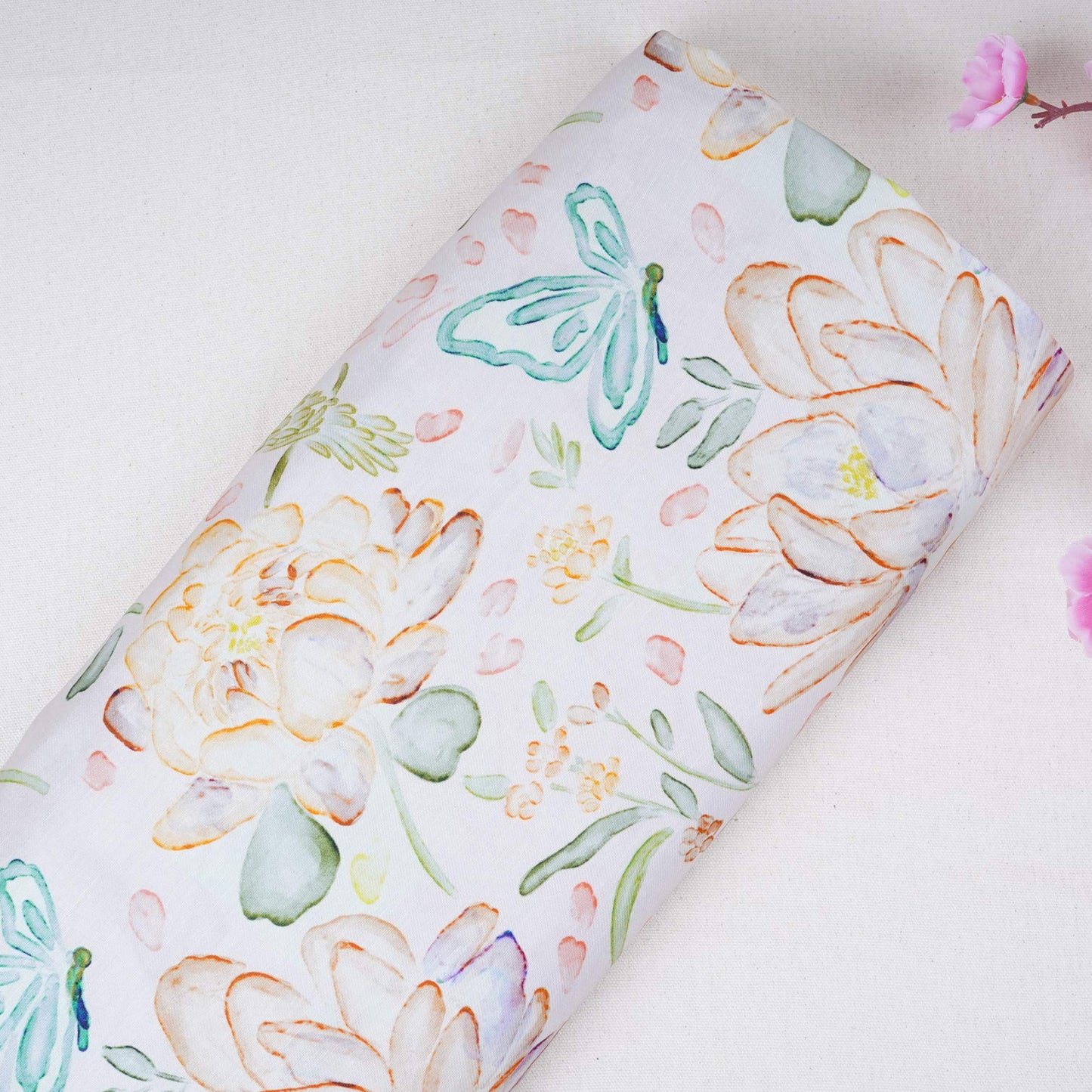 Off White Floral Print Satin Linen Fabric MT-30985
