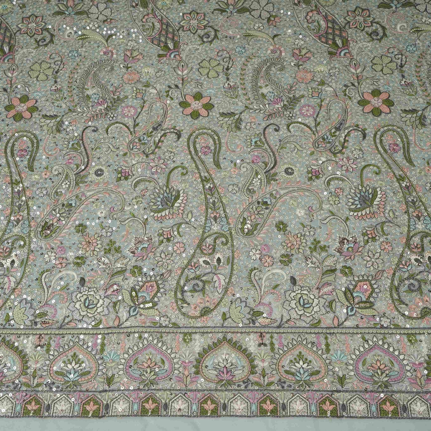 Light Grey Kashmiri Paisley Embroidery Georgette Fabric DR-32375