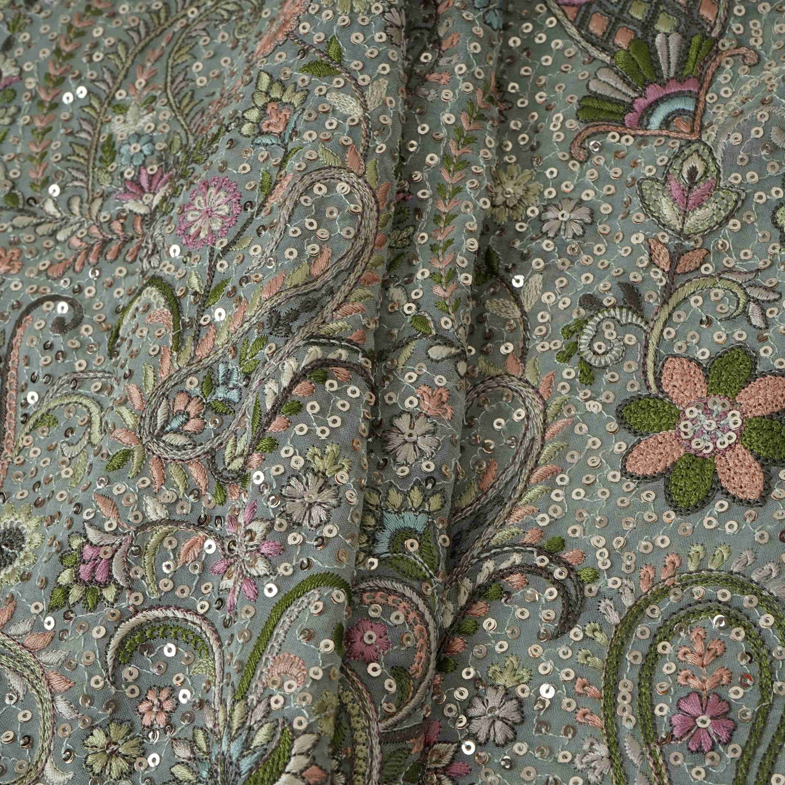 Light Grey Kashmiri Paisley Embroidery Georgette Fabric DR-32375 - TradeUNO
