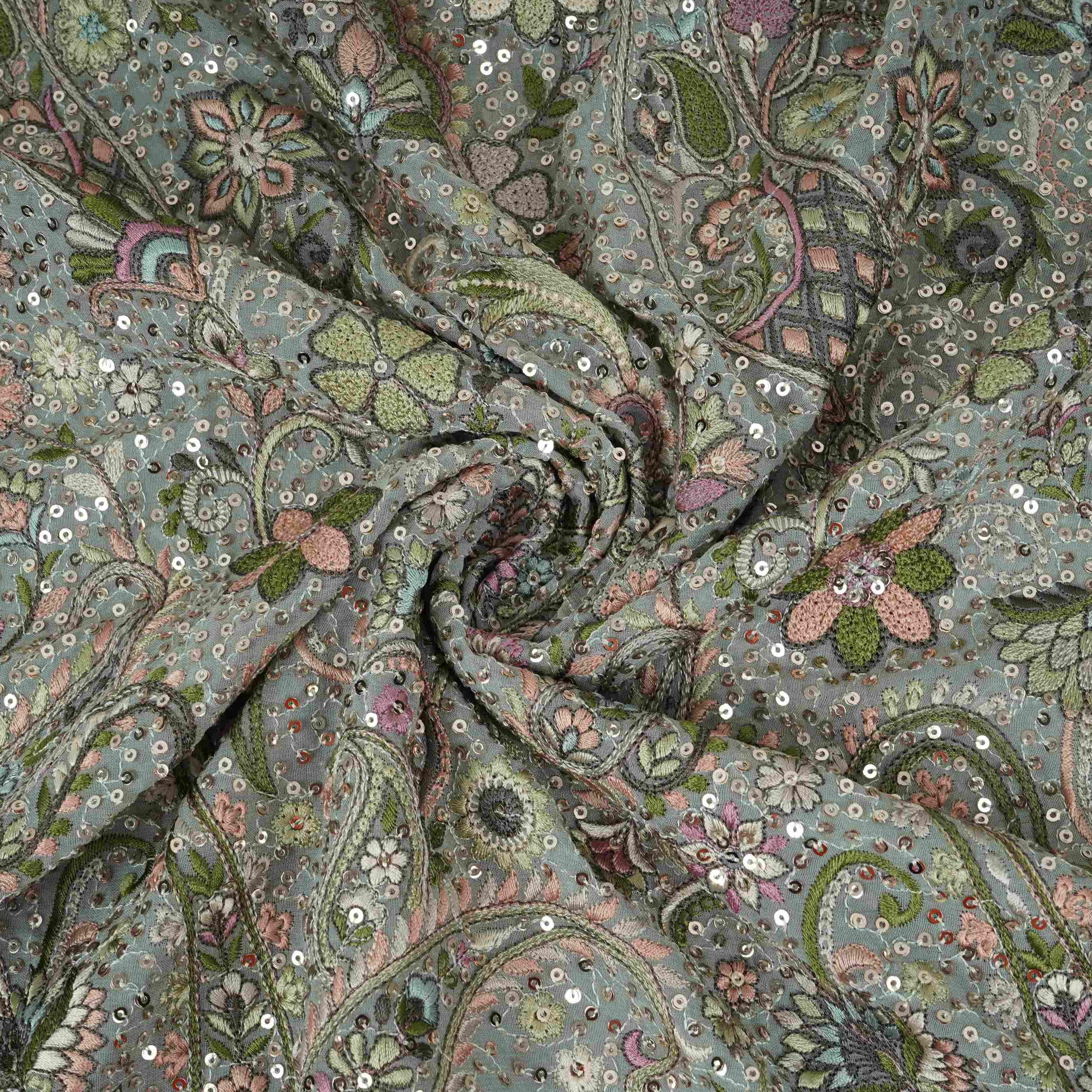 Light Grey Kashmiri Paisley Embroidery Georgette Fabric DR-32375 - TradeUNO