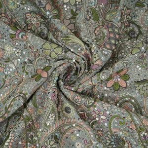 Light Grey Kashmiri Paisley Embroidery Georgette Fabric DR-32375 - TradeUNO
