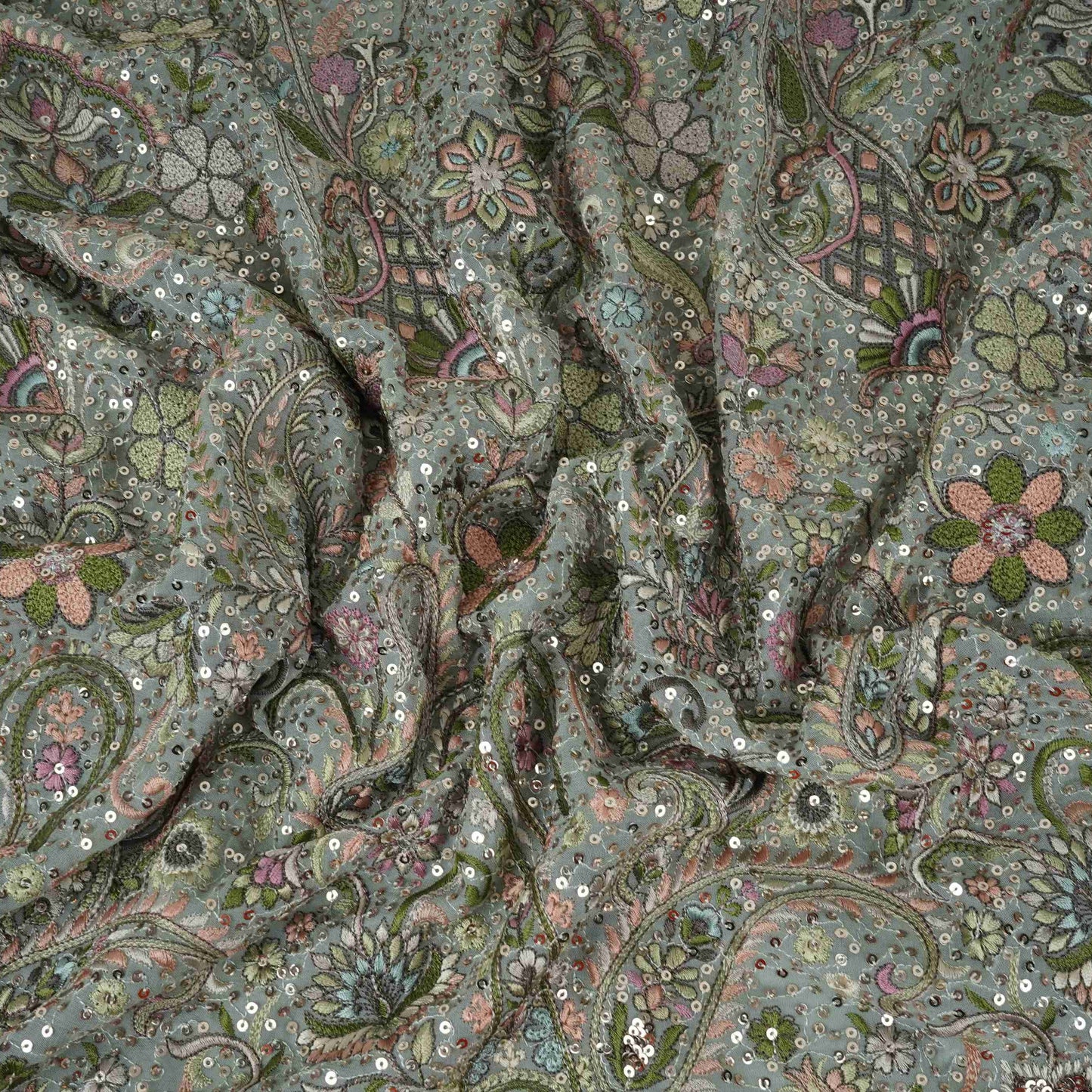 Light Grey Kashmiri Paisley Embroidery Georgette Fabric DR-32375