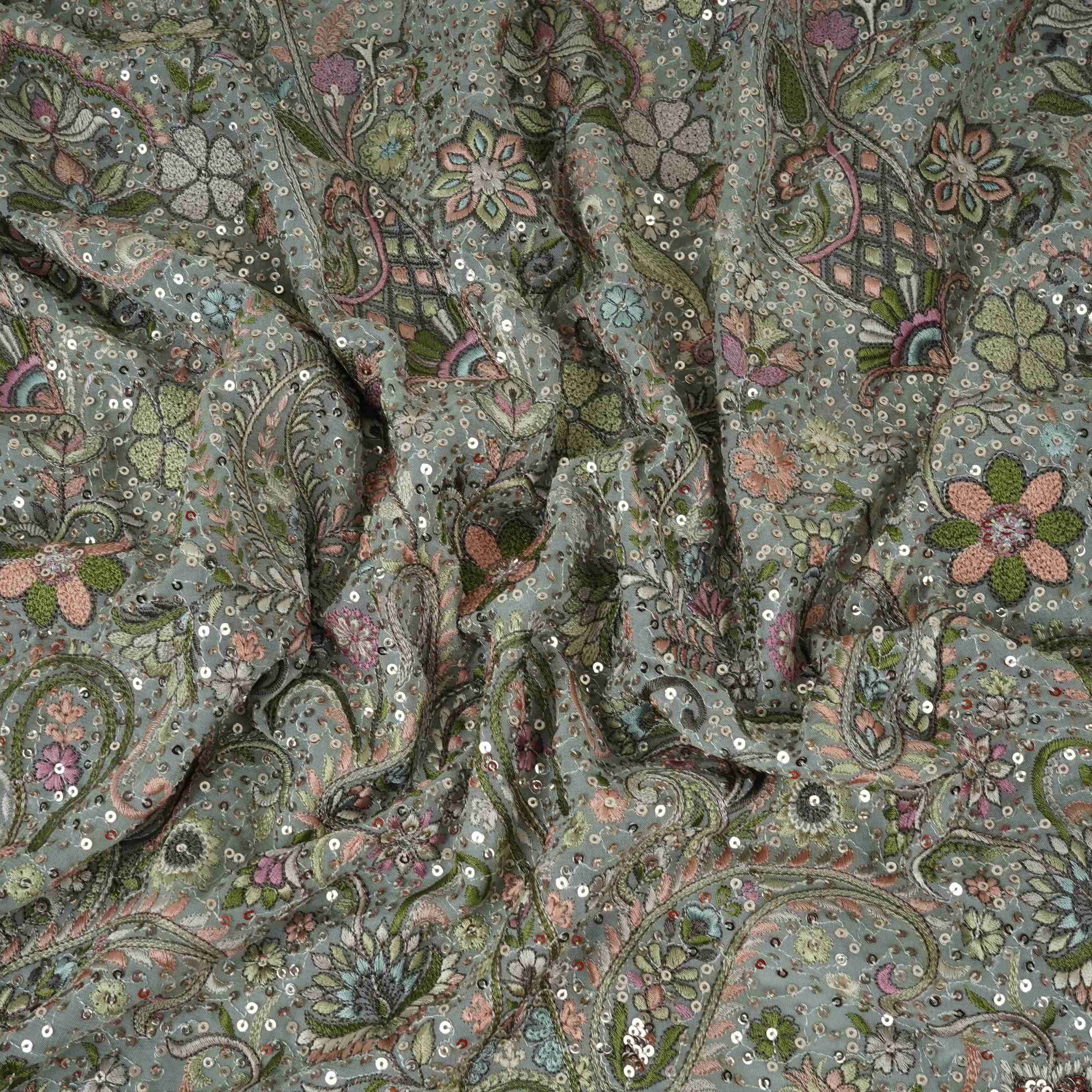 Light Grey Kashmiri Paisley Embroidery Georgette Fabric DR-32375 - TradeUNO