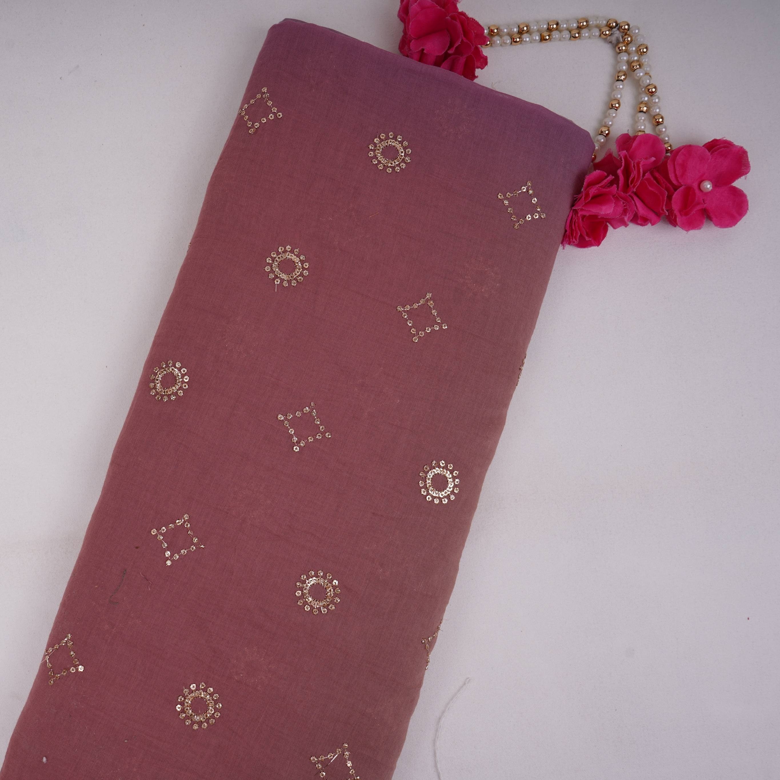 Lavender With Green 4D Geometrical Sequins Embroidery Malai Chanderi Fabric VF-32323 - TradeUNO