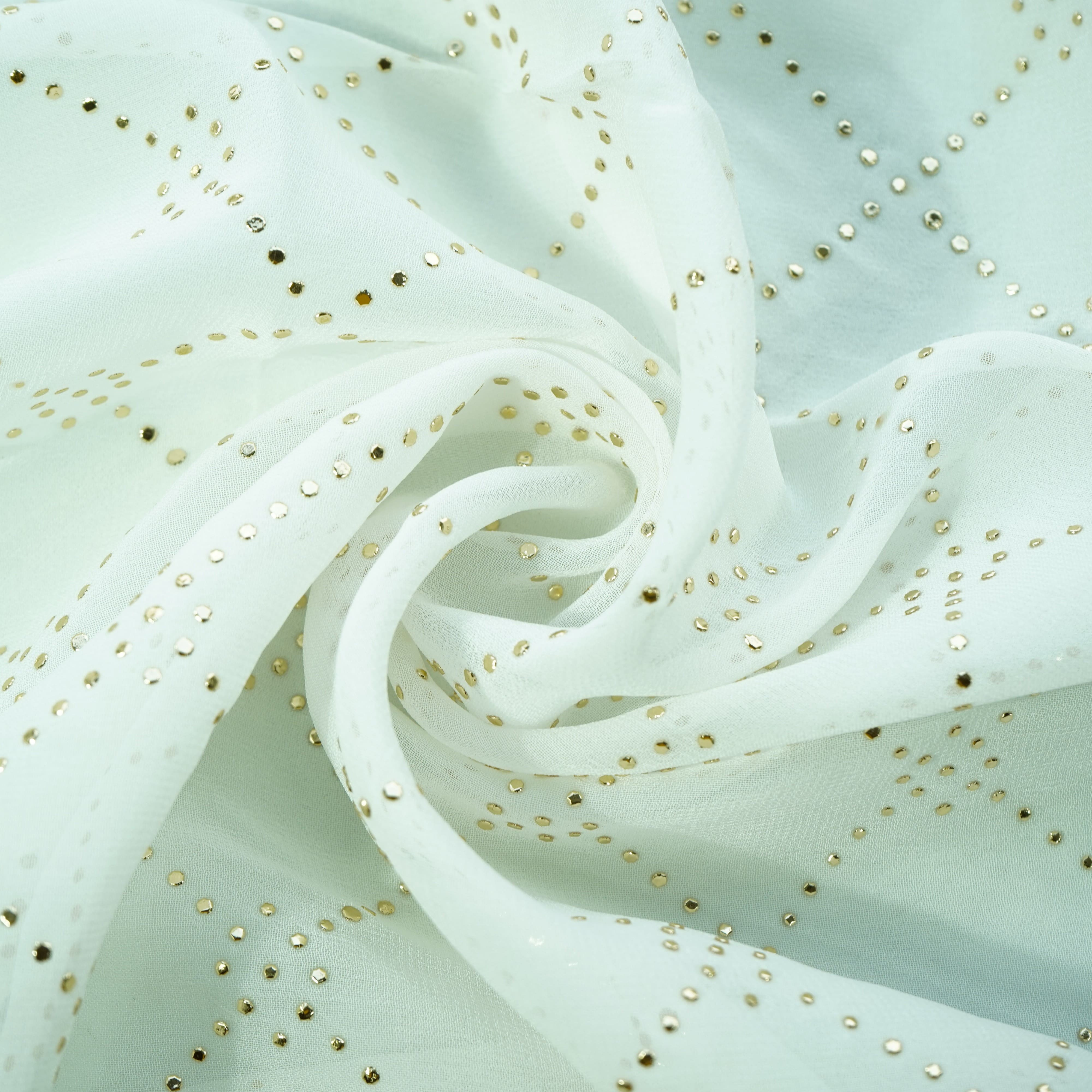 White Geometrical Mukaish Work Georgette Dyeable Fabric
