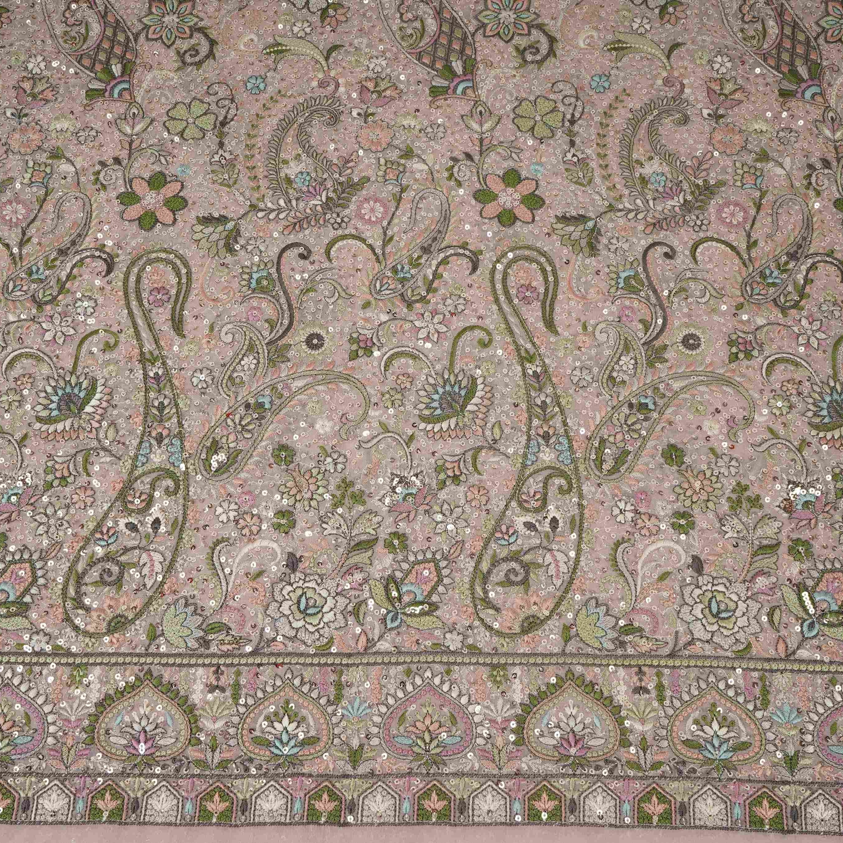 Peach Kashmiri Paisley Embroidery Georgette Fabric DR-32374 - TradeUNO