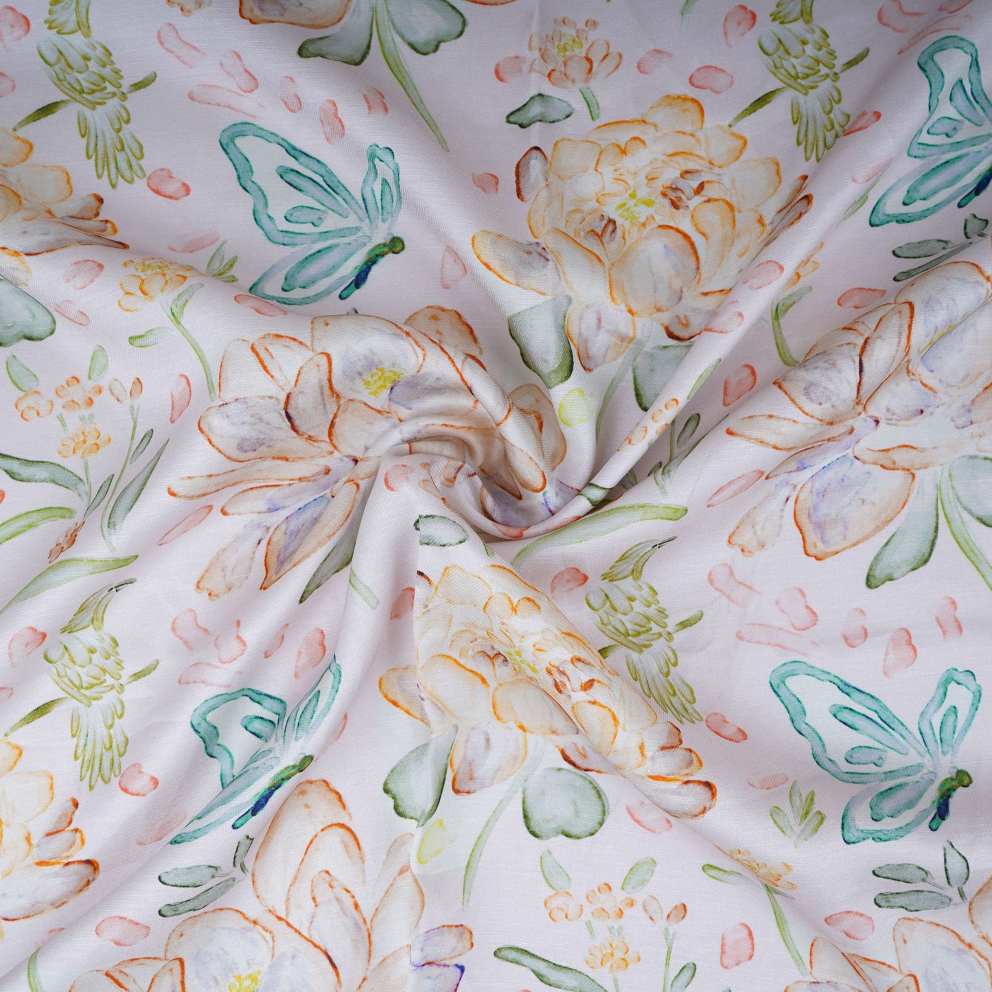 Off White Floral Print Satin Linen Fabric MT-30985
