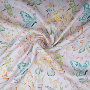 Off White Floral Print Satin Linen Fabric MT-30985 - TradeUNO