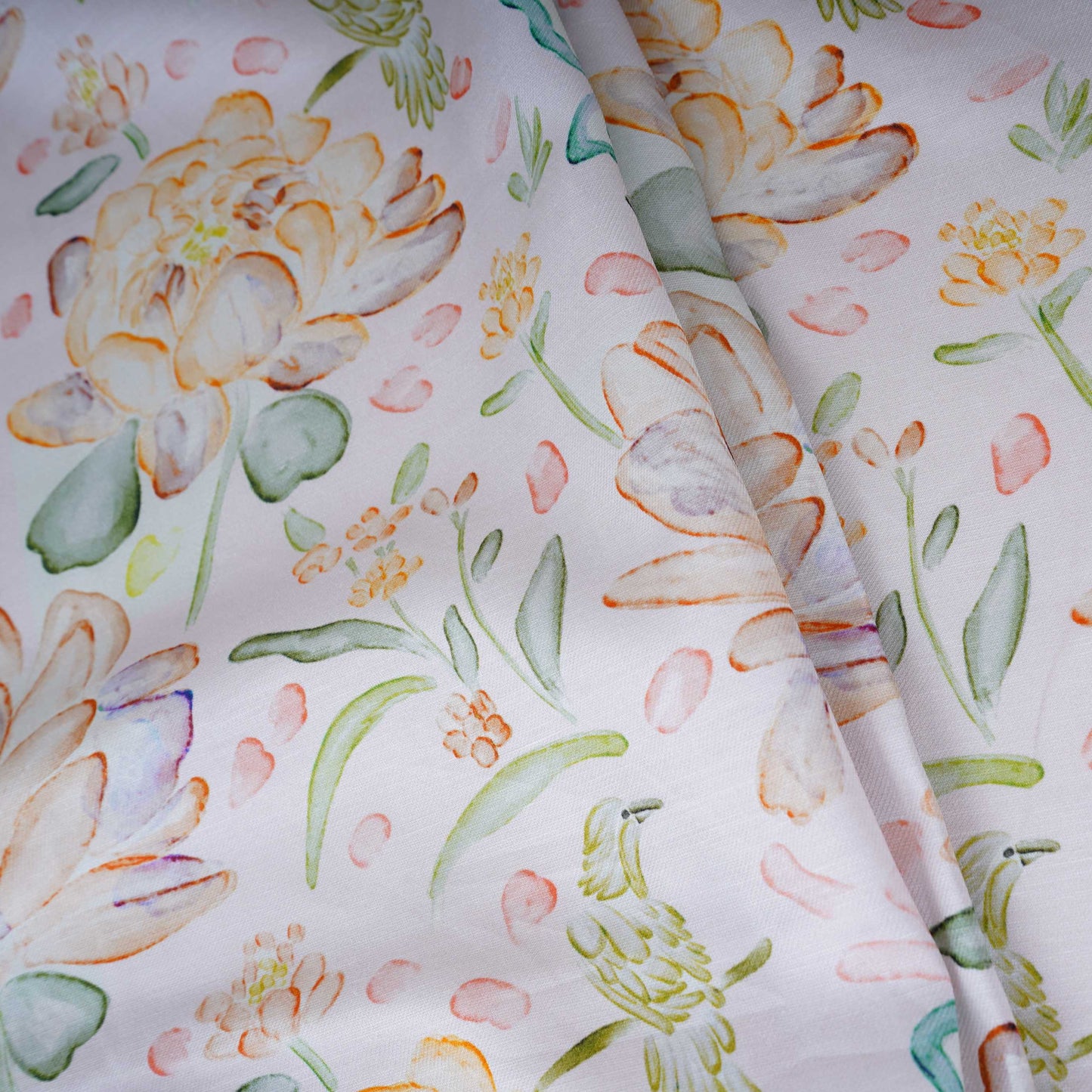 Off White Floral Print Satin Linen Fabric MT-30985