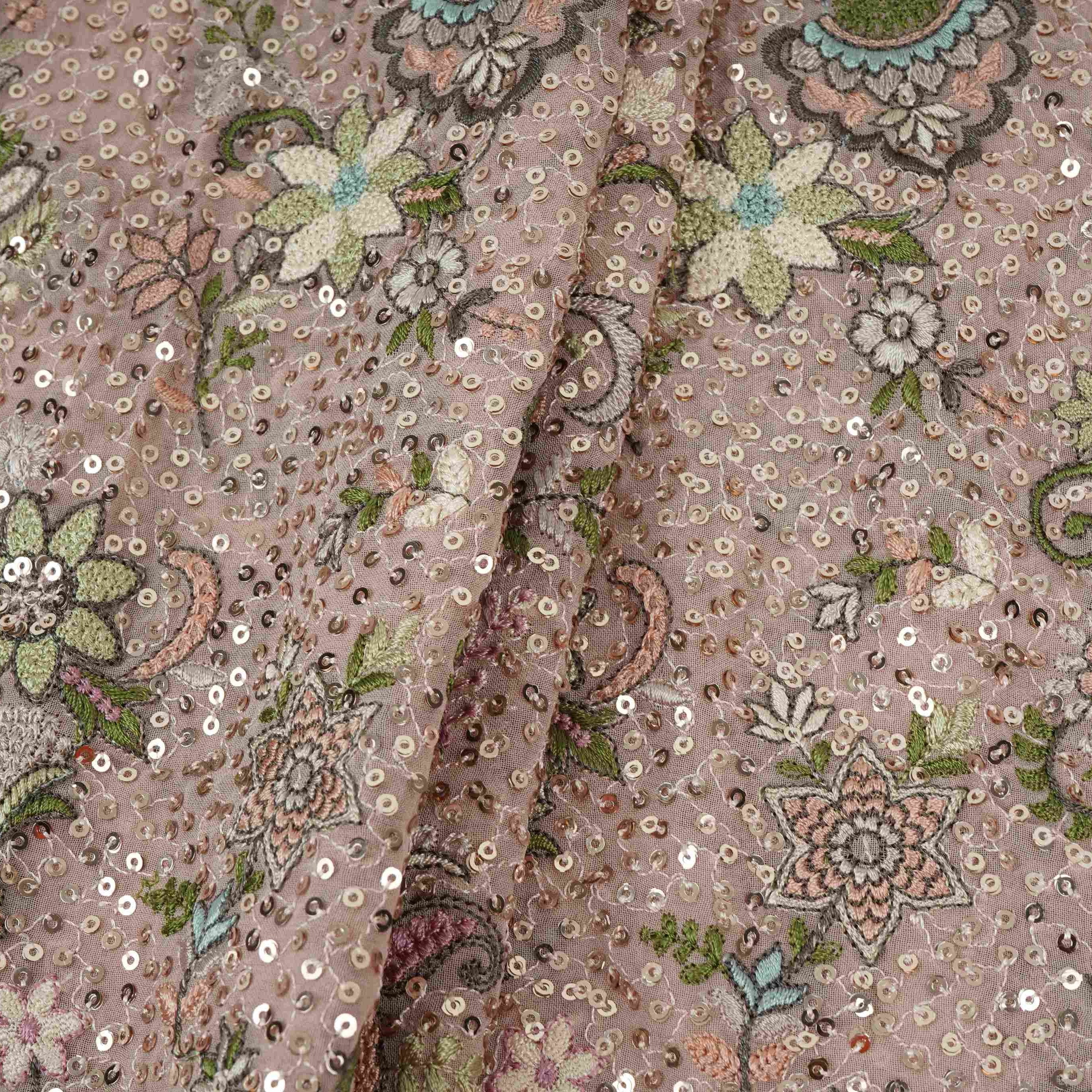 Peach Kashmiri Paisley Embroidery Georgette Fabric DR-32374 - TradeUNO