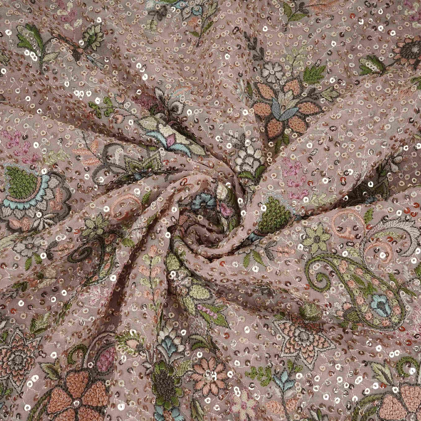 Peach Kashmiri Paisley Embroidery Georgette Fabric DR-32374