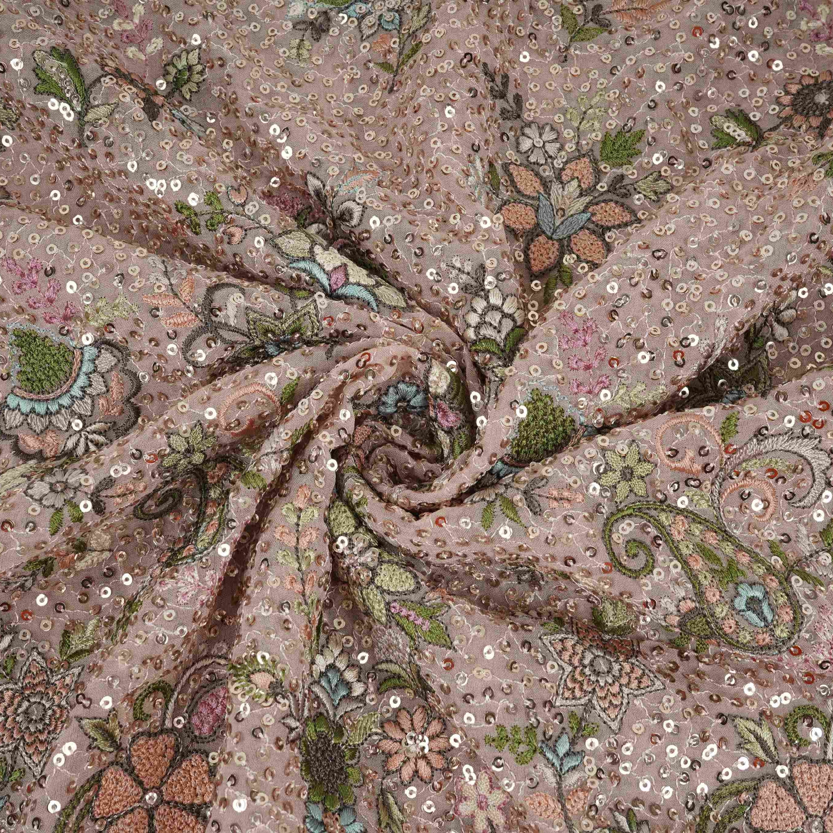 Peach Kashmiri Paisley Embroidery Georgette Fabric DR-32374 - TradeUNO