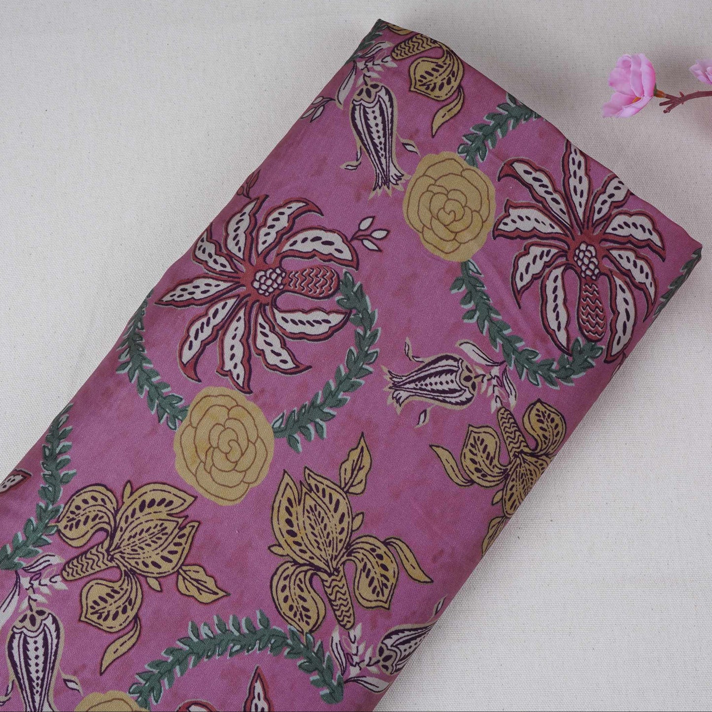 Pink Floral Print Satin Linen Fabric MT-30988