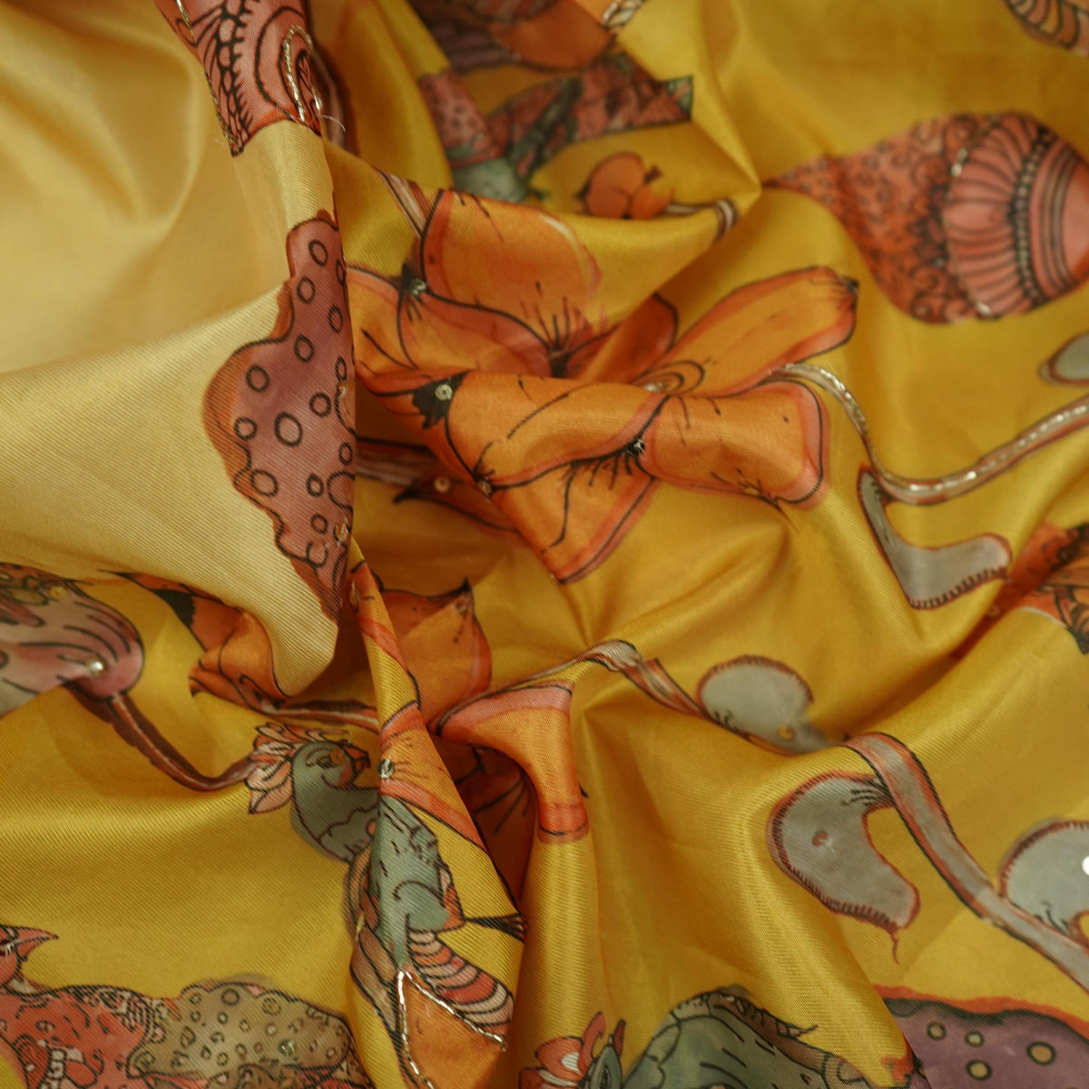 Yellow Floral Cutdana Embroidery Tissue Fabric VVF-35364