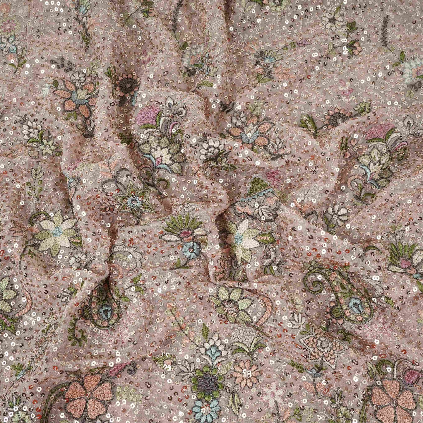 Peach Kashmiri Paisley Embroidery Georgette Fabric DR-32374