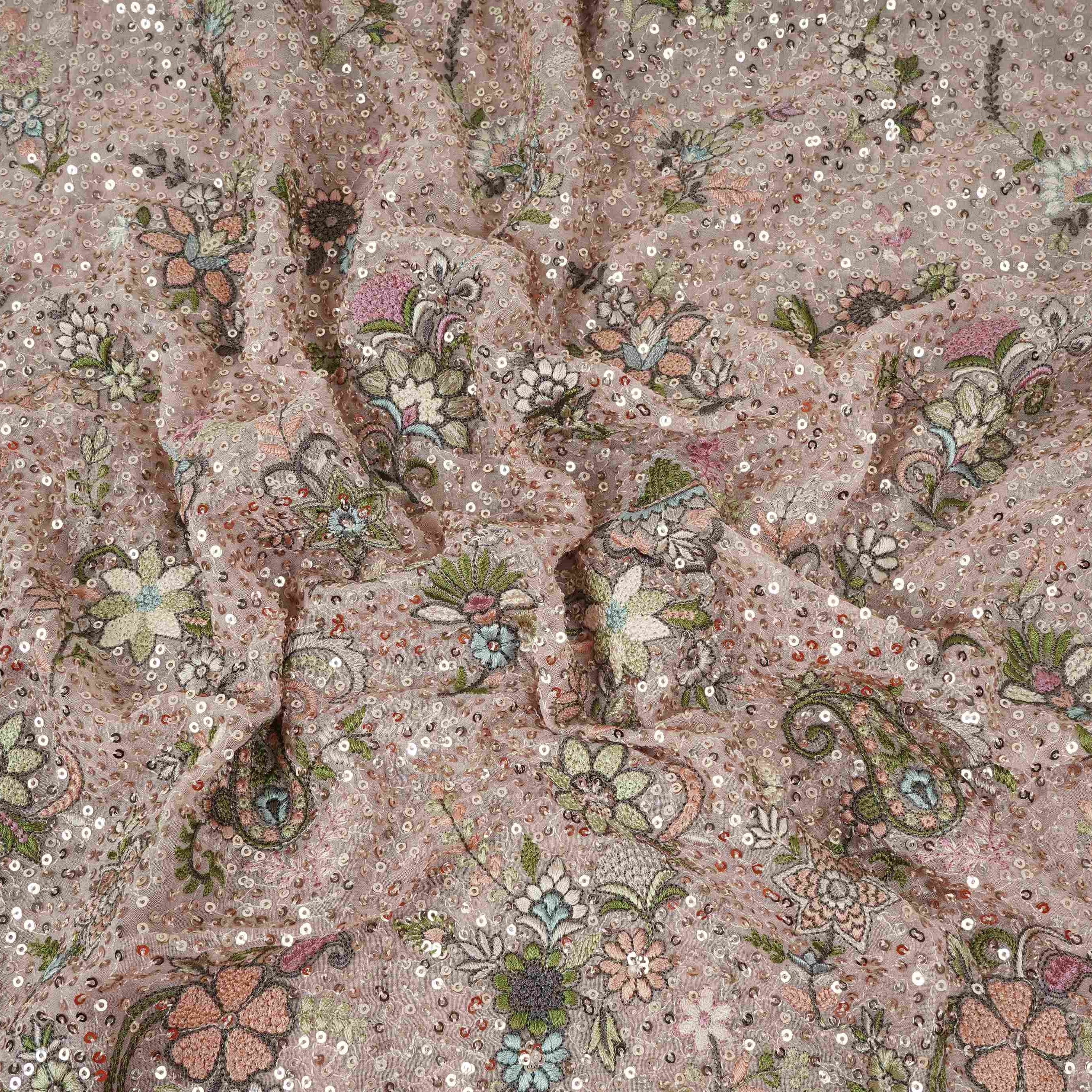 Peach Kashmiri Paisley Embroidery Georgette Fabric DR-32374 - TradeUNO