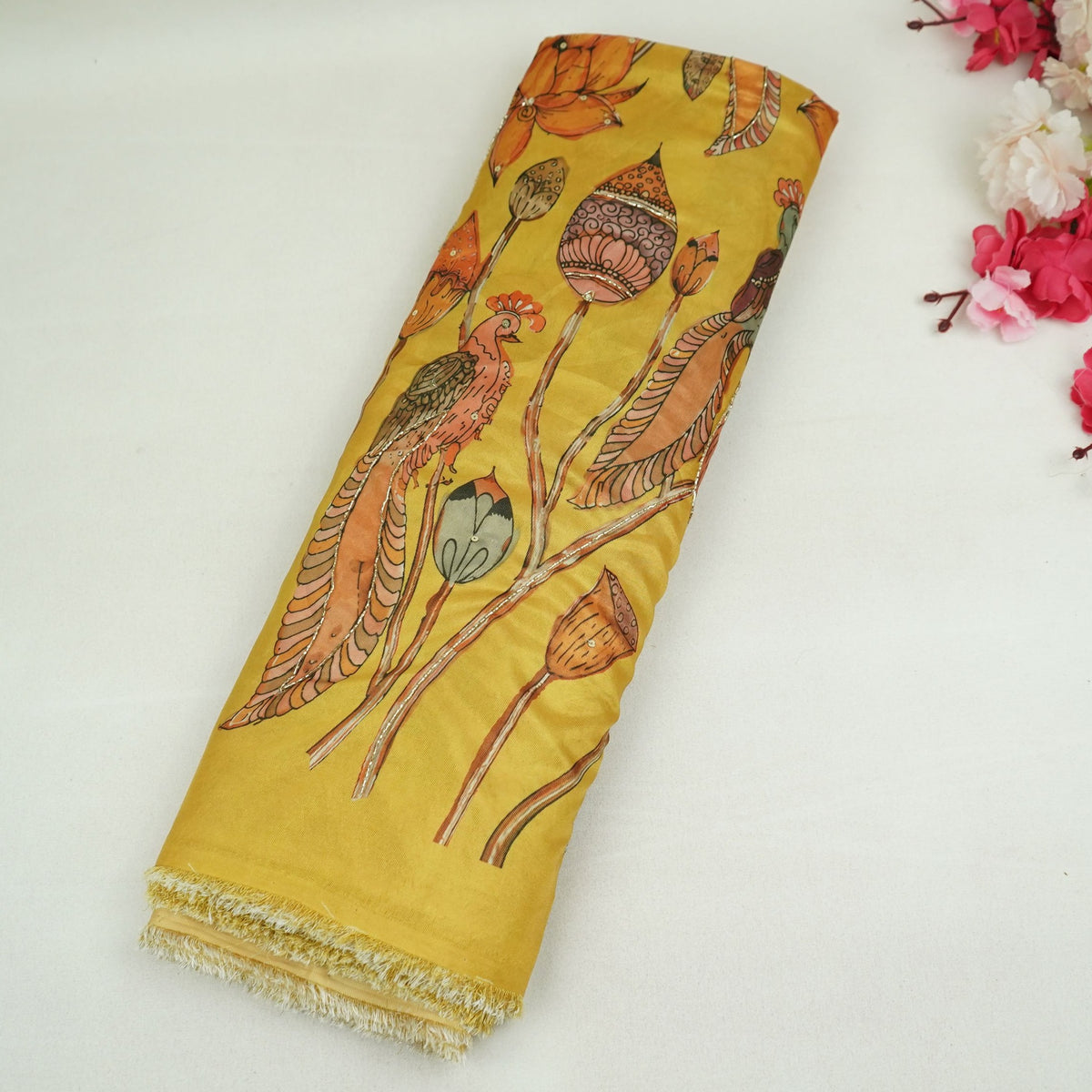 Yellow Floral Cutdana Embroidery Tissue Fabric VVF-35364