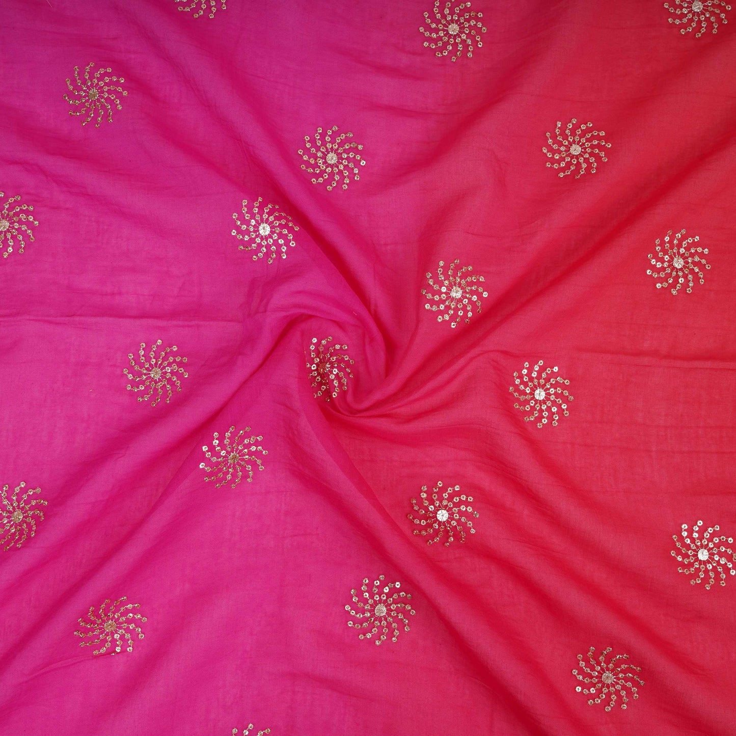 Pink With Orange 4D Sequins Embroidery Malai Chanderi Fabric VF-32316