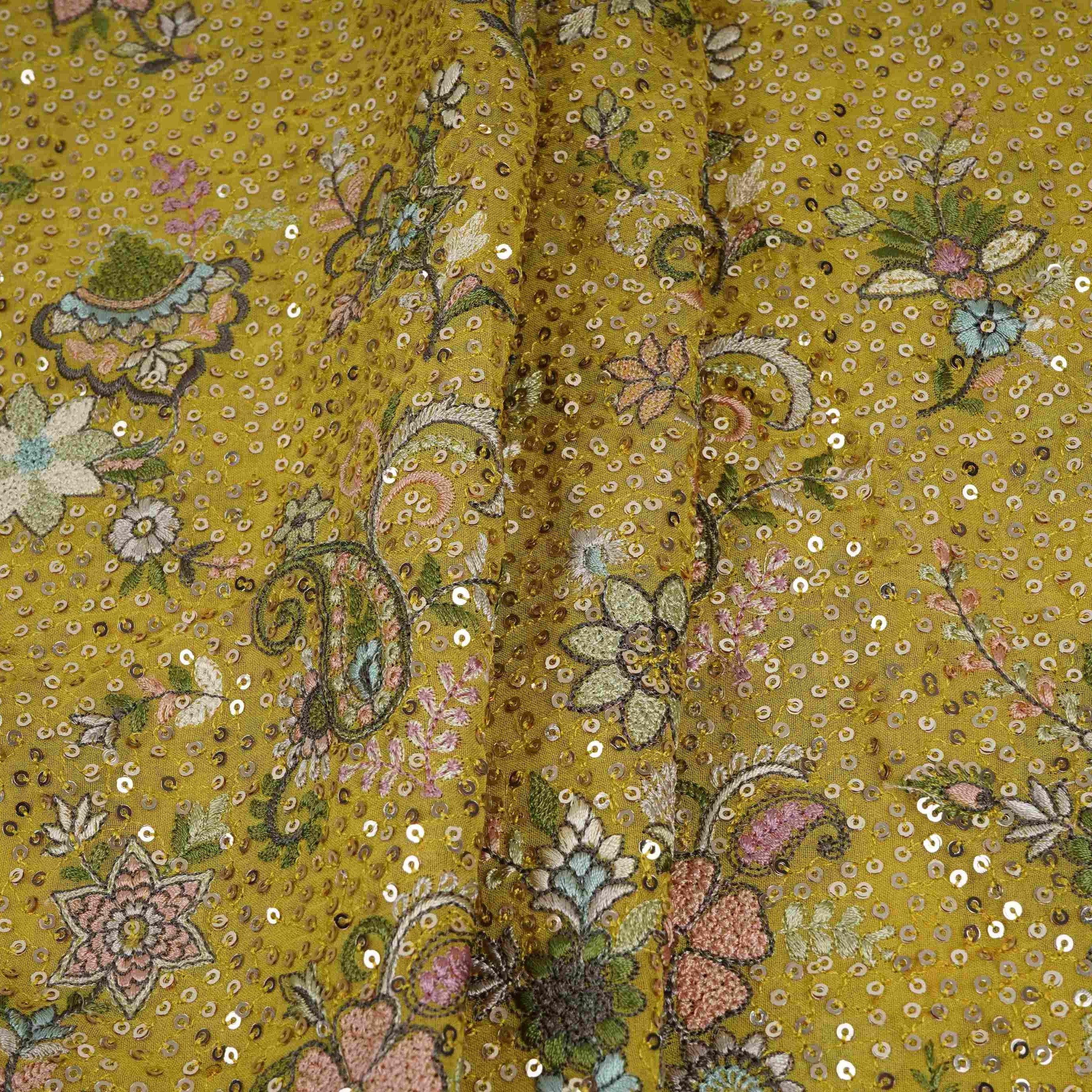 Yellow Kashmiri Paisley Embroidery Georgette Fabric DR-32373 - TradeUNO