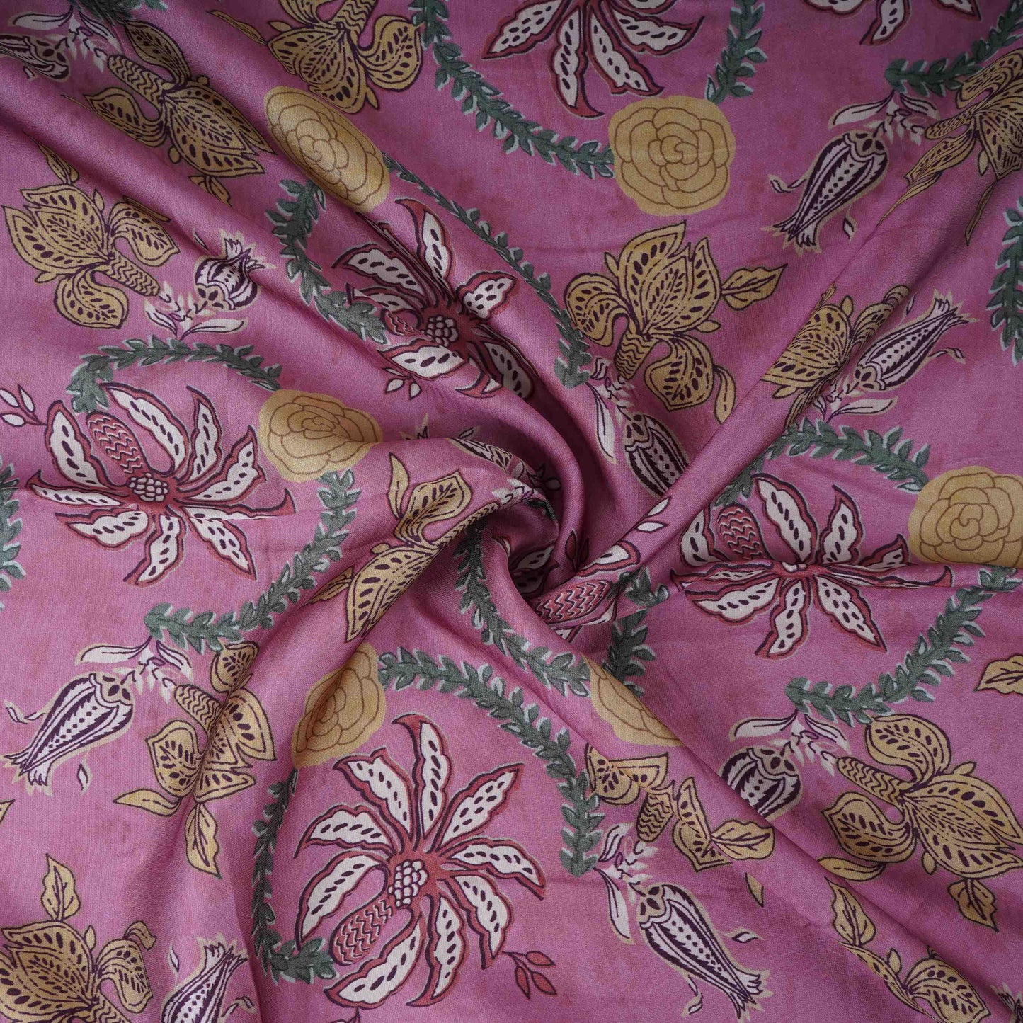 Pink Floral Print Satin Linen Fabric MT-30988