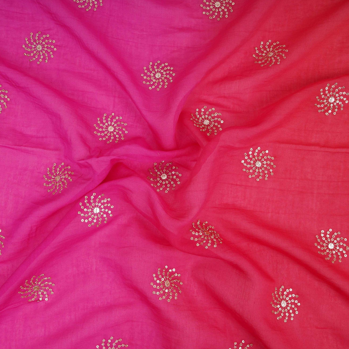 Pink With Orange 4D Sequins Embroidery Malai Chanderi Fabric VF-32316