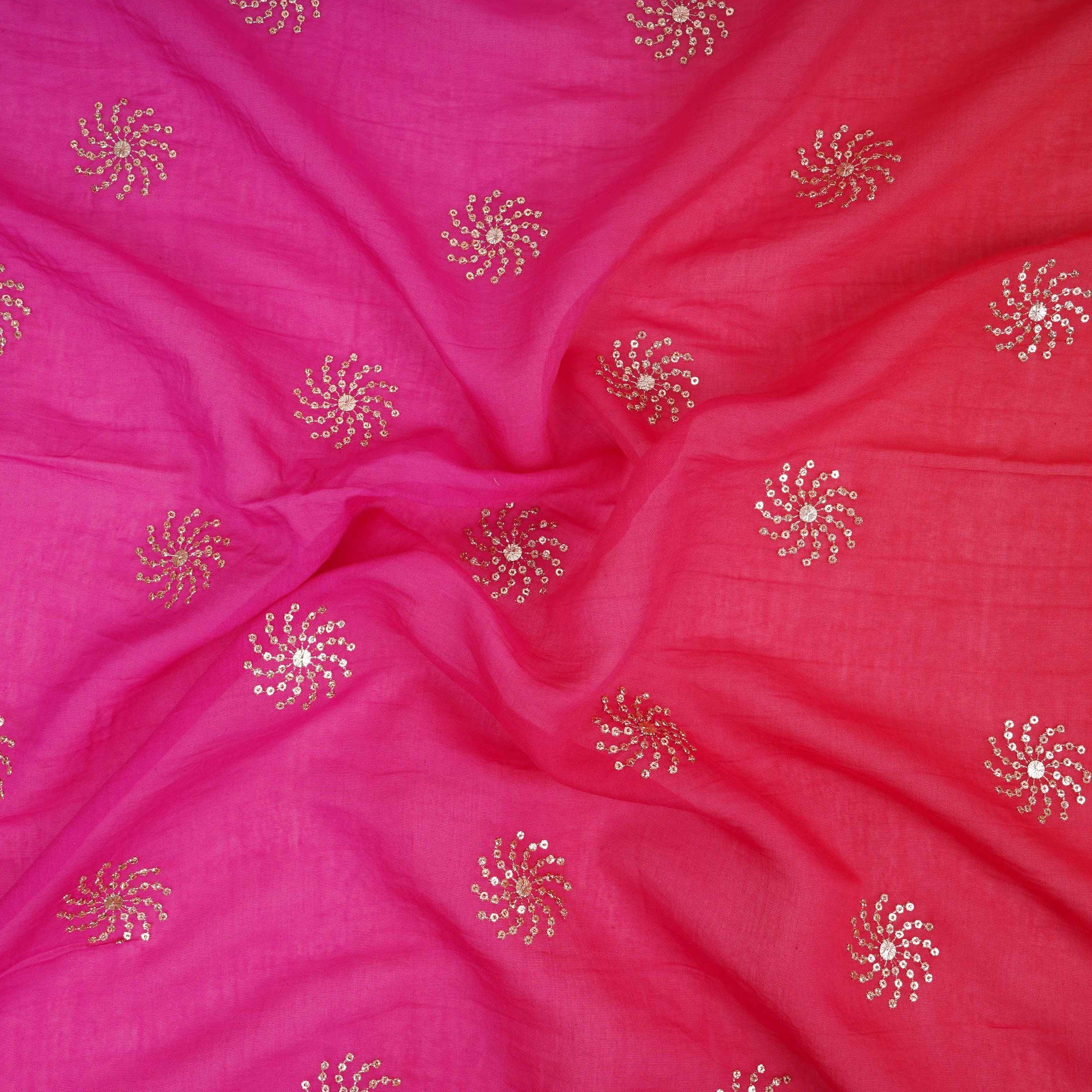 Pink With Orange 4D Sequins Embroidery Malai Chanderi Fabric VF-32316 - TradeUNO