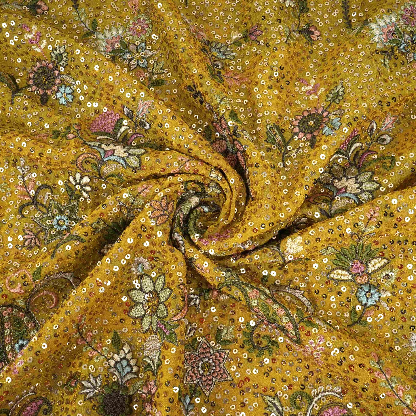 Yellow Kashmiri Paisley Embroidery Georgette Fabric DR-32373