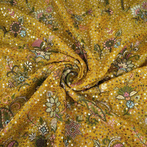 Yellow Kashmiri Paisley Embroidery Georgette Fabric DR-32373 - TradeUNO