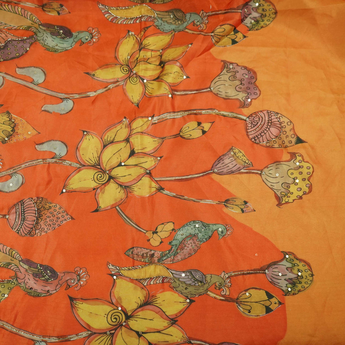 Orange Floral Cutdana Embroidery Tissue Fabric VVF-35363
