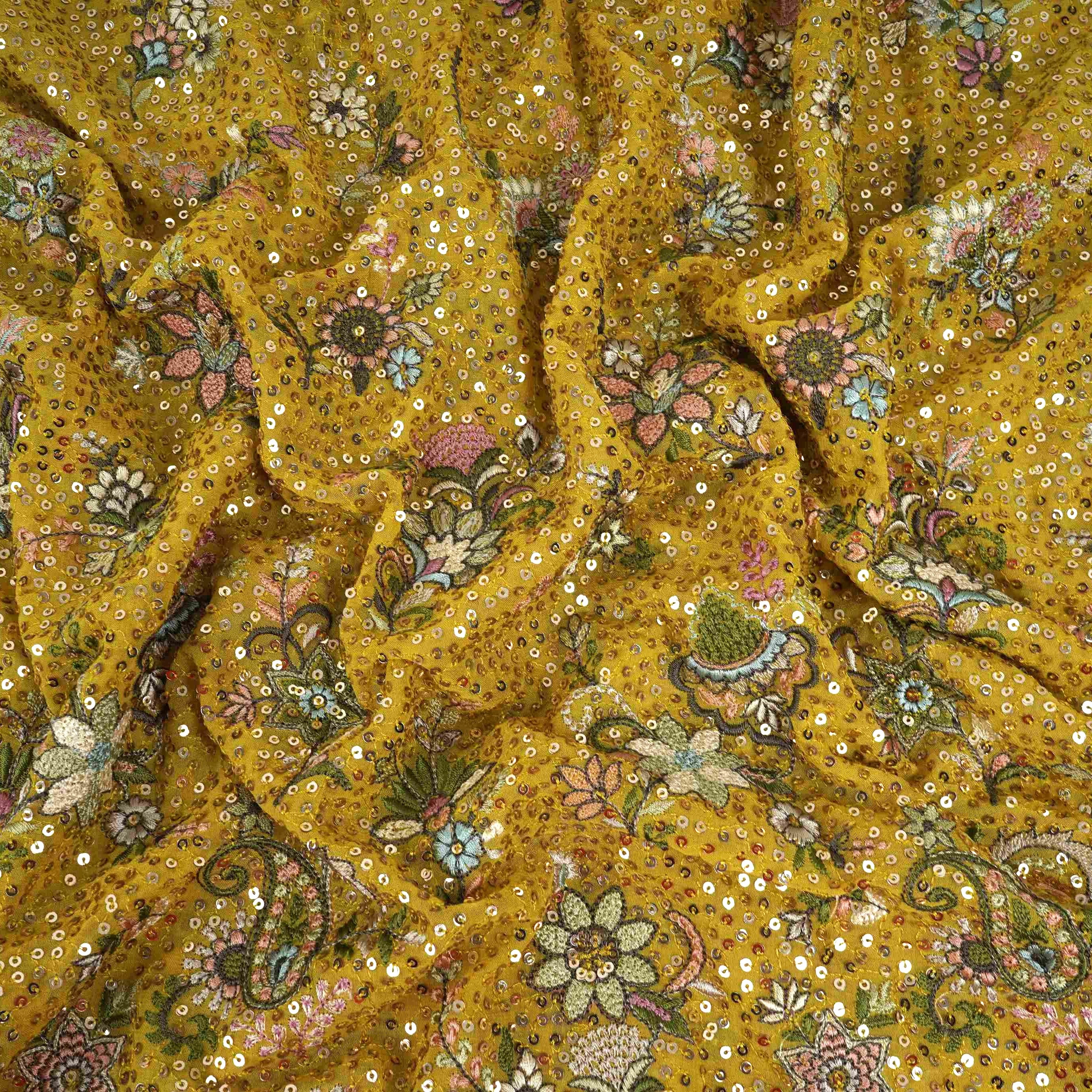 Yellow Kashmiri Paisley Embroidery Georgette Fabric DR-32373 - TradeUNO