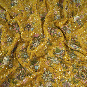 Yellow Kashmiri Paisley Embroidery Georgette Fabric DR-32373 - TradeUNO