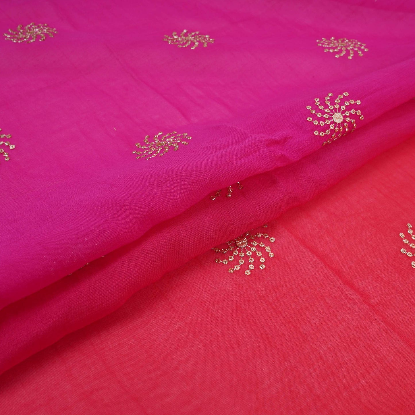Pink With Orange 4D Sequins Embroidery Malai Chanderi Fabric VF-32316