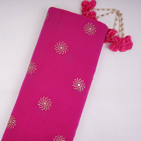 Pink With Orange 4D Sequins Embroidery Malai Chanderi Fabric VF-32316