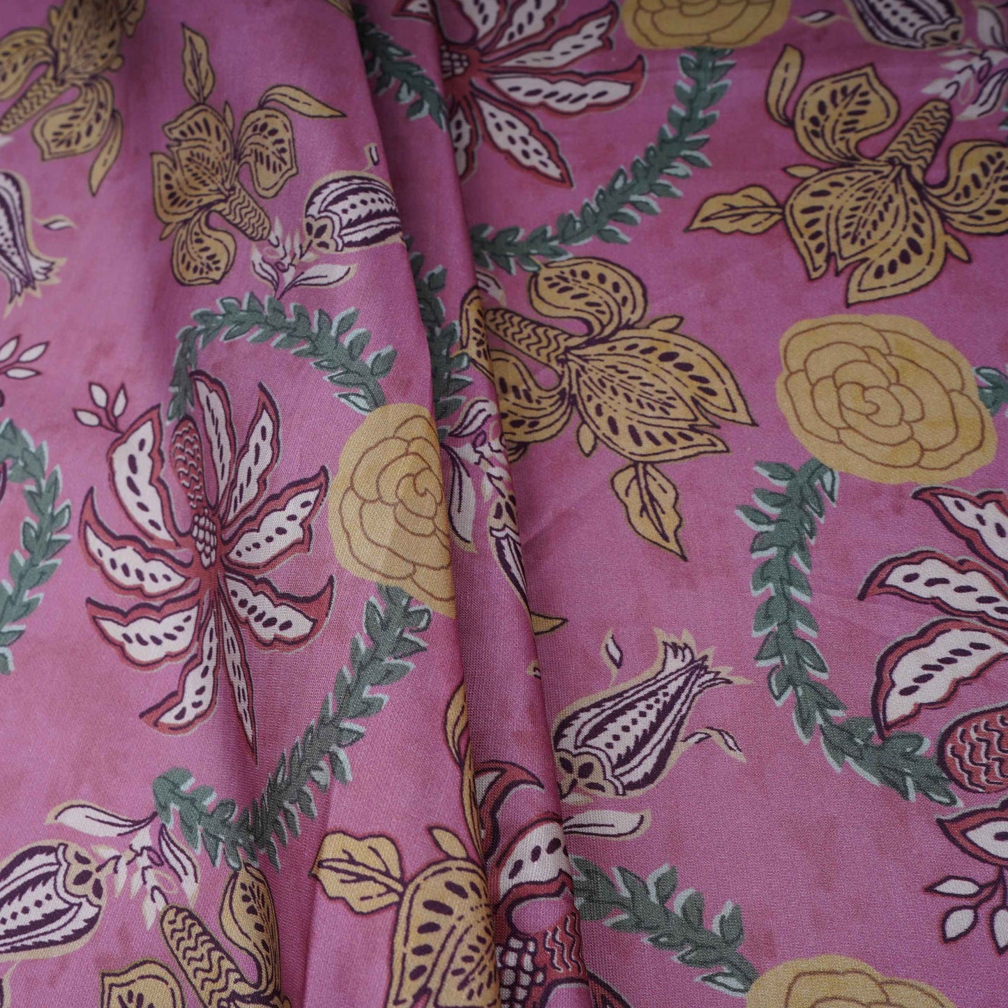 Pink Floral Print Satin Linen Fabric MT-30988