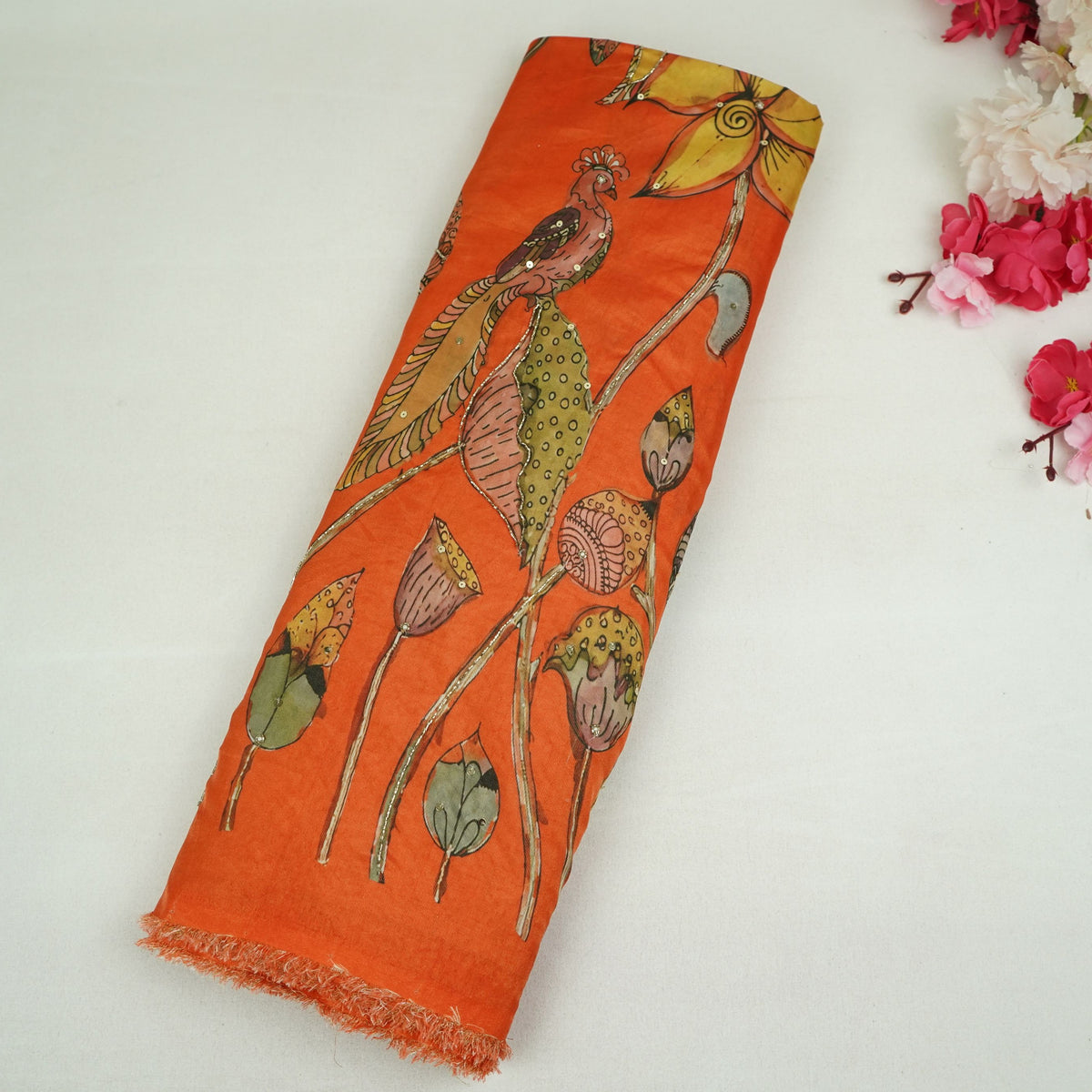 Orange Floral Cutdana Embroidery Tissue Fabric VVF-35363