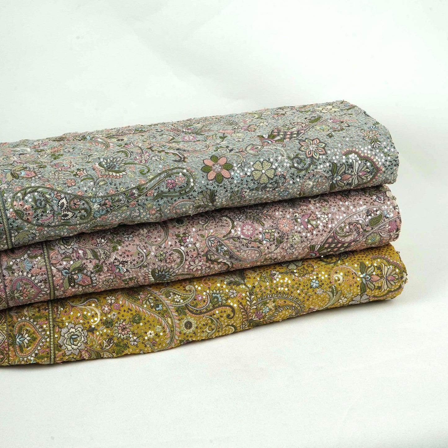 Light Grey Kashmiri Paisley Embroidery Georgette Fabric DR-32375