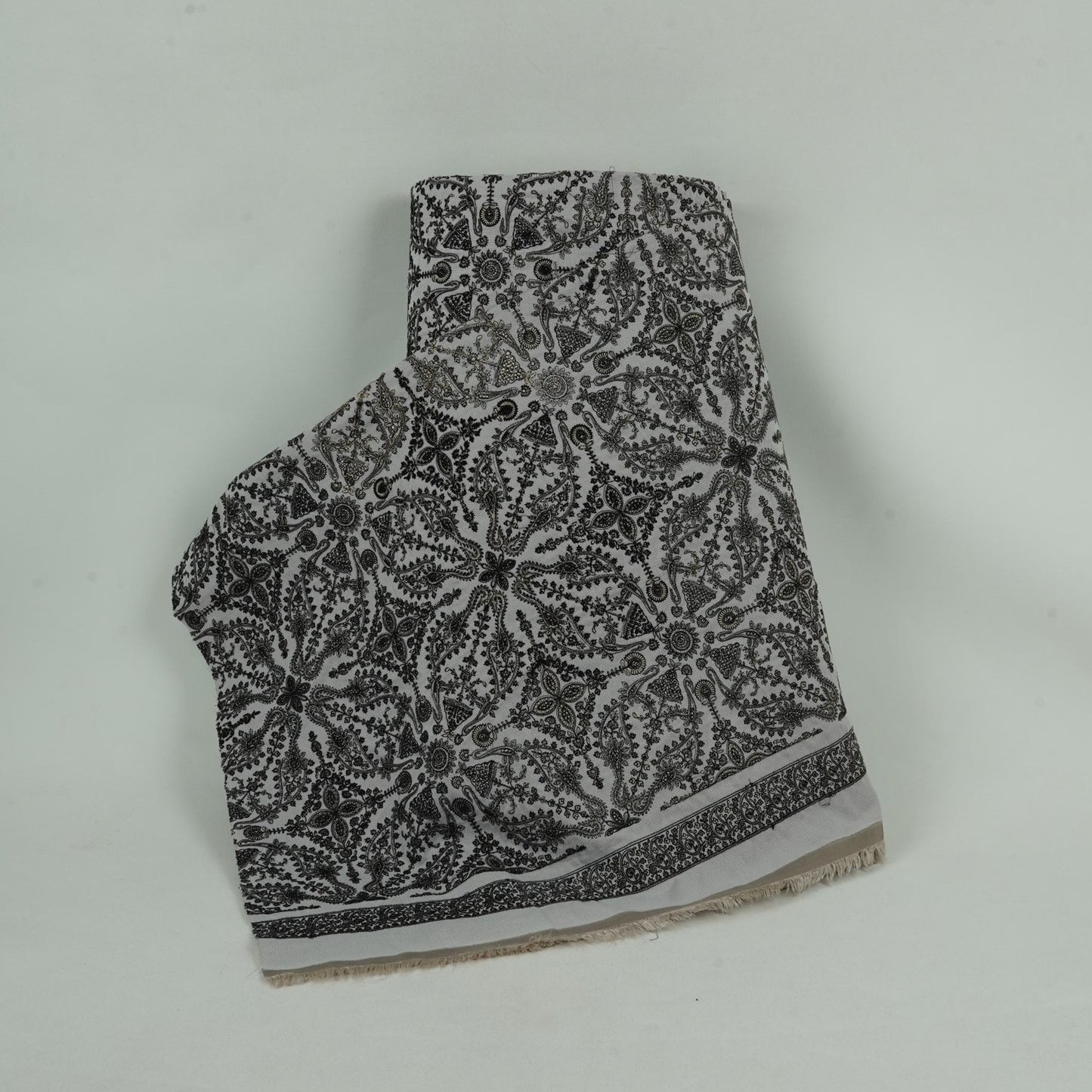 Off White Kashmiri Paisley Jaal Embroidery Chinon Fabric DR-32385