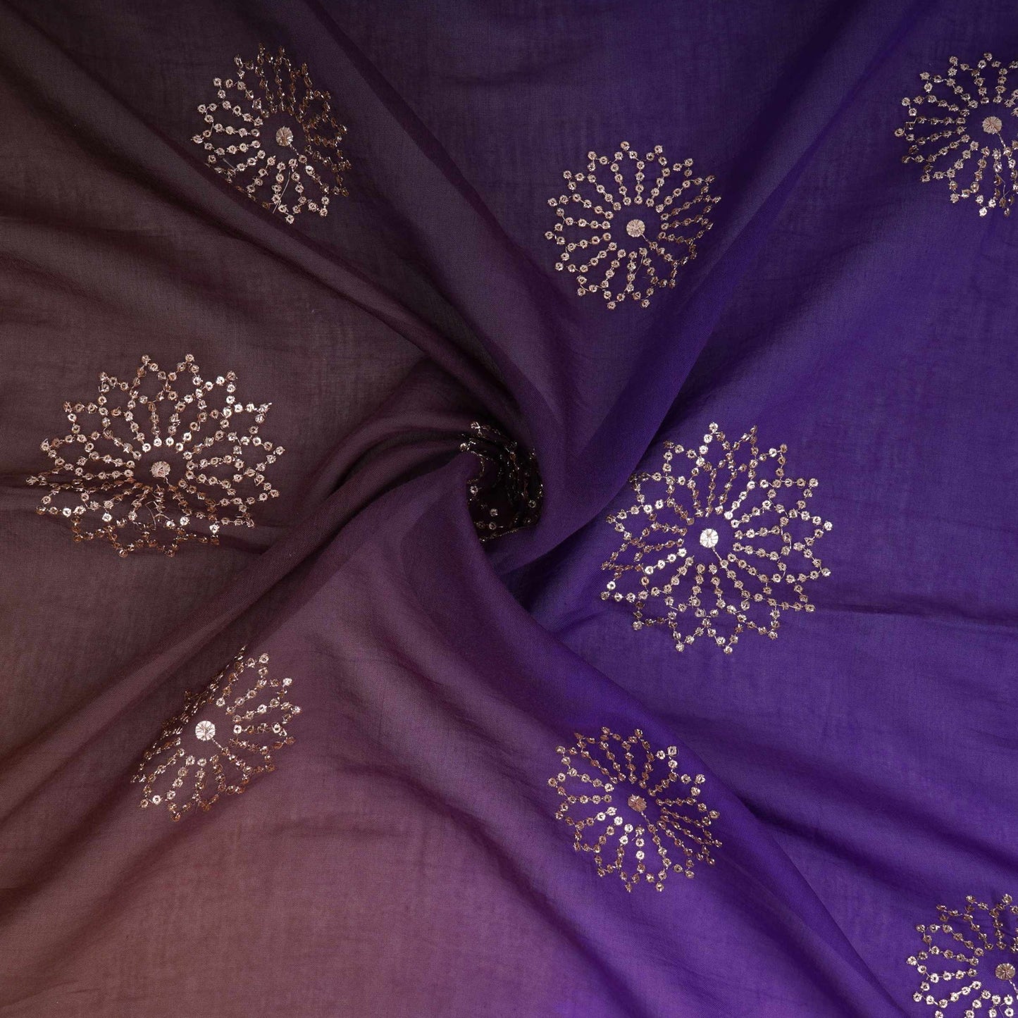 Purple With Olive Green 4D Floral Sequins Embroidery Malai Chanderi Fabric VF-32311