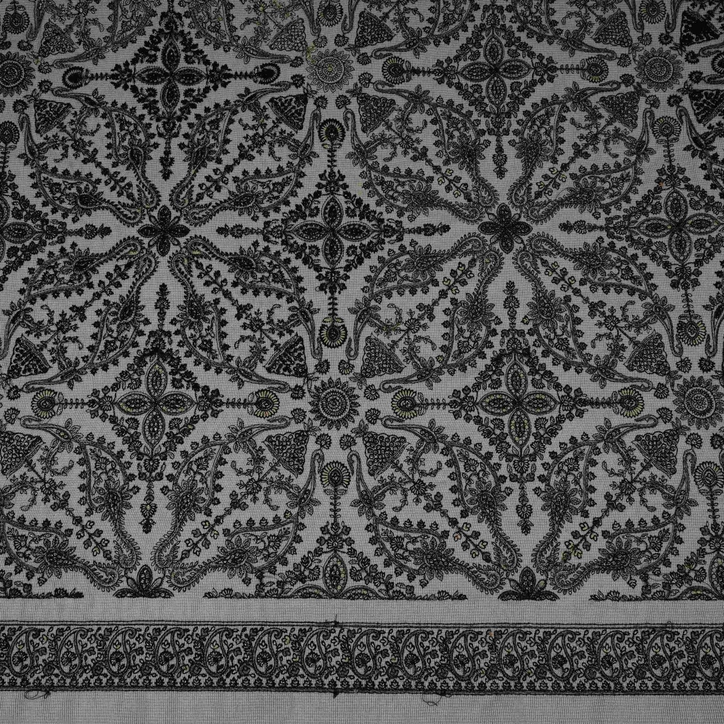 Off White Kashmiri Paisley Jaal Embroidery Chinon Fabric DR-32385