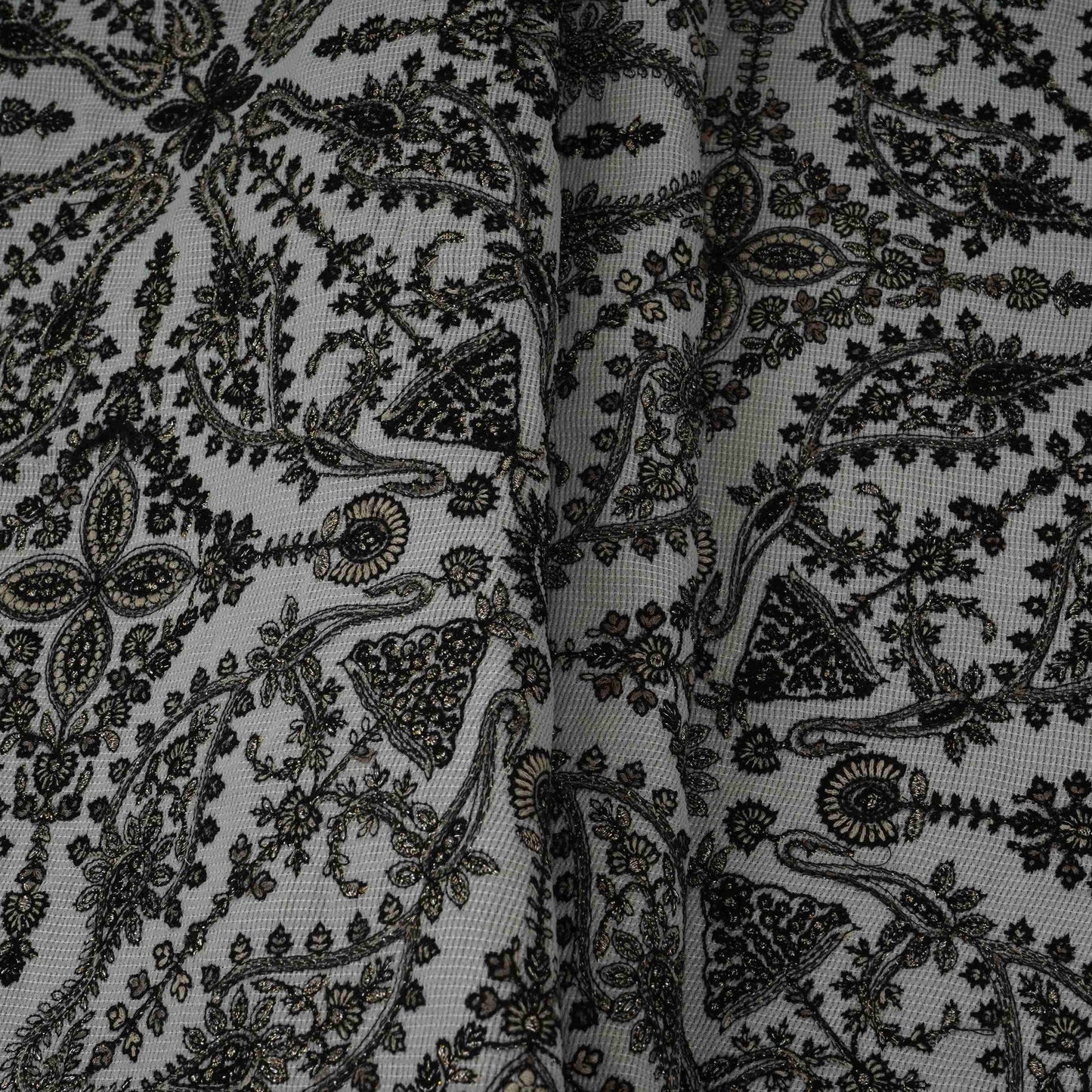 Off White Kashmiri Paisley Jaal Embroidery Chinon Fabric DR-32385